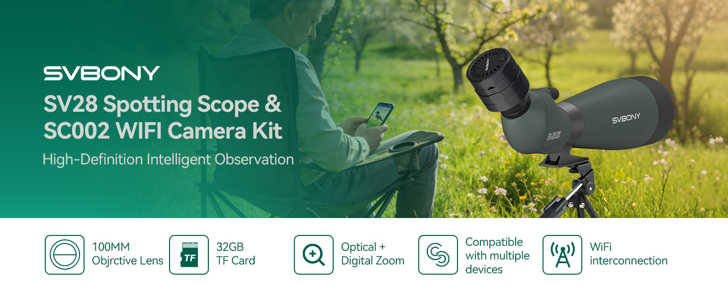Text reads 'SVBONY SV28 Spotting Scope & SC002 WiFi Camera Kit' and 'High-Definition Intelligent Observation'. Outdoor telescope equipment kit with camera mounted on green foliage background, includes certification icons.