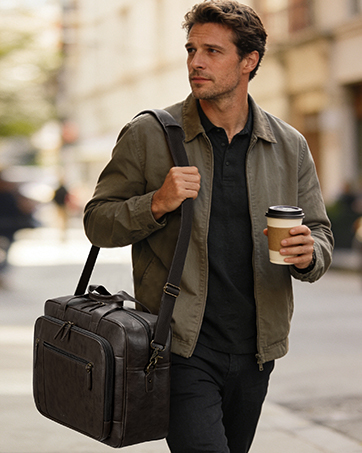 Series of lifestyle photos showing a black messenger bag being carried in an urban setting, demonstrating its portability and use while holding a coffee cup.