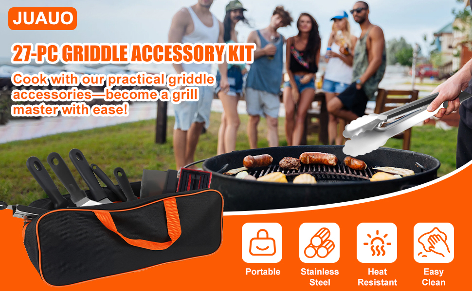 Text reads 'JUAUO 27-PC GRIDDLE ACCESSORY KIT' and 'Cook with our practical griddle accessories for camping and make merry with friends!'. Black carrying case with griddle tools and orange icons showing portability, stainless steel, heat resistance, and safety features.