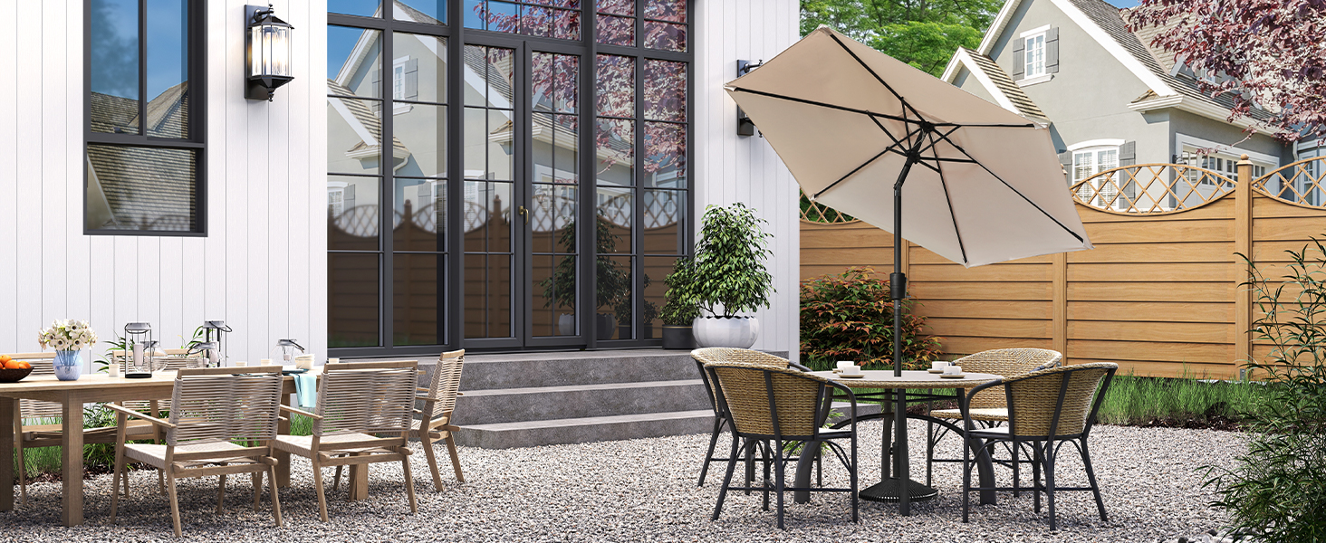 Series of outdoor patio spaces showing wooden deck furniture arrangements, including tables and chairs in modern settings with glass partitions and landscaping.