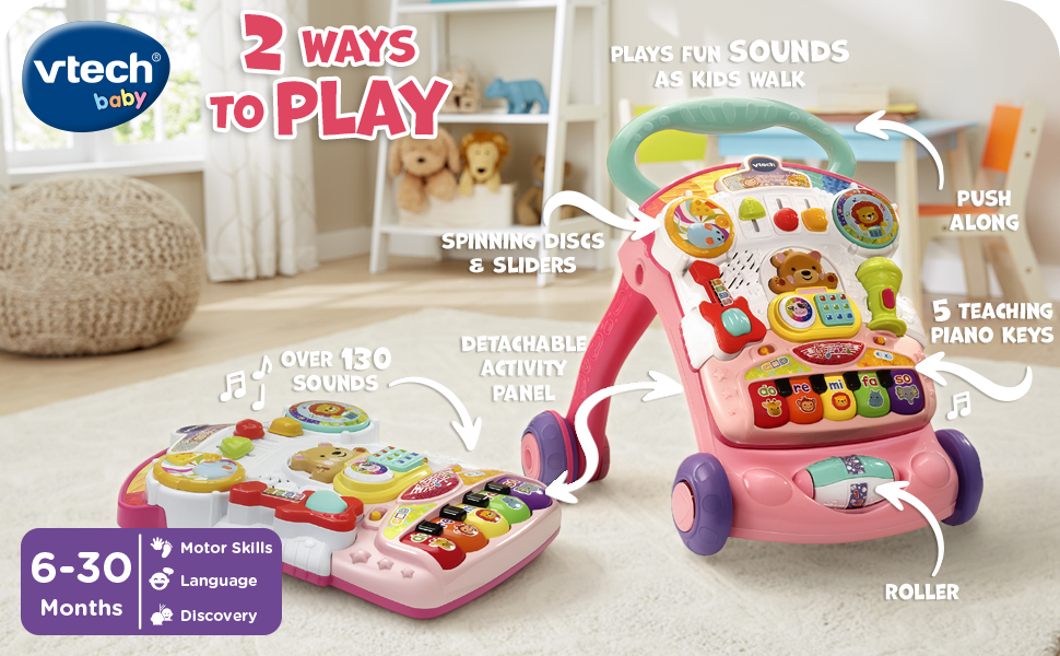 Text reads: 'VTech', '2 WAYS TO PLAY', 'VTech Learning'. Pink and yellow VTech learning walker toy with interactive play surfaces, musical buttons, and roller base designed for infants 6-30 months.
