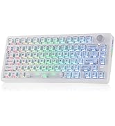 Multiple views of a compact mechanical keyboard, showing different angles and key layouts with purple and white keycaps against dark background.