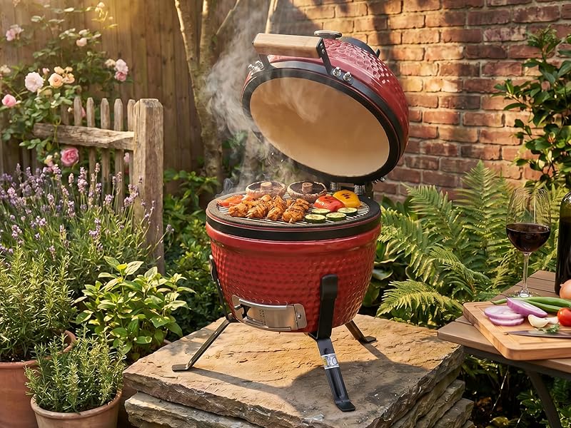 Outdoor garden scene with red barrel-style cooking vessel elevated on black stand surrounded by potted plants and wooden deck.