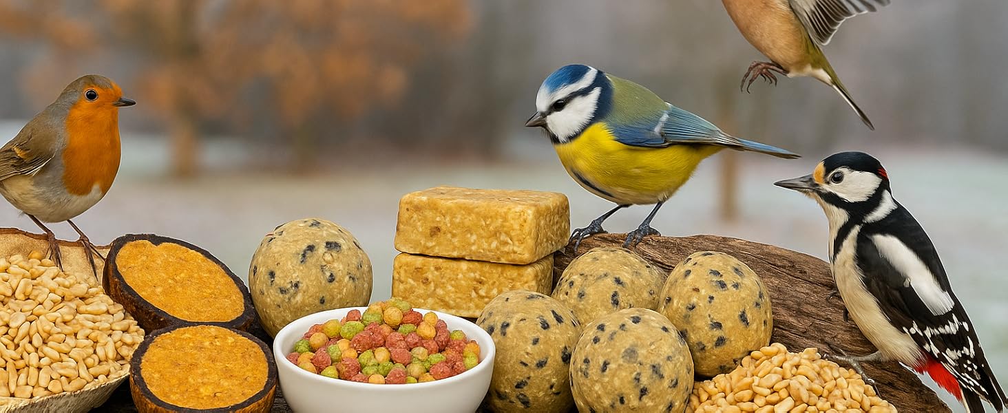 Multiple images of small wild birds perched on branches near bird feeders containing seeds and nuts in an outdoor setting with autumn colors.
