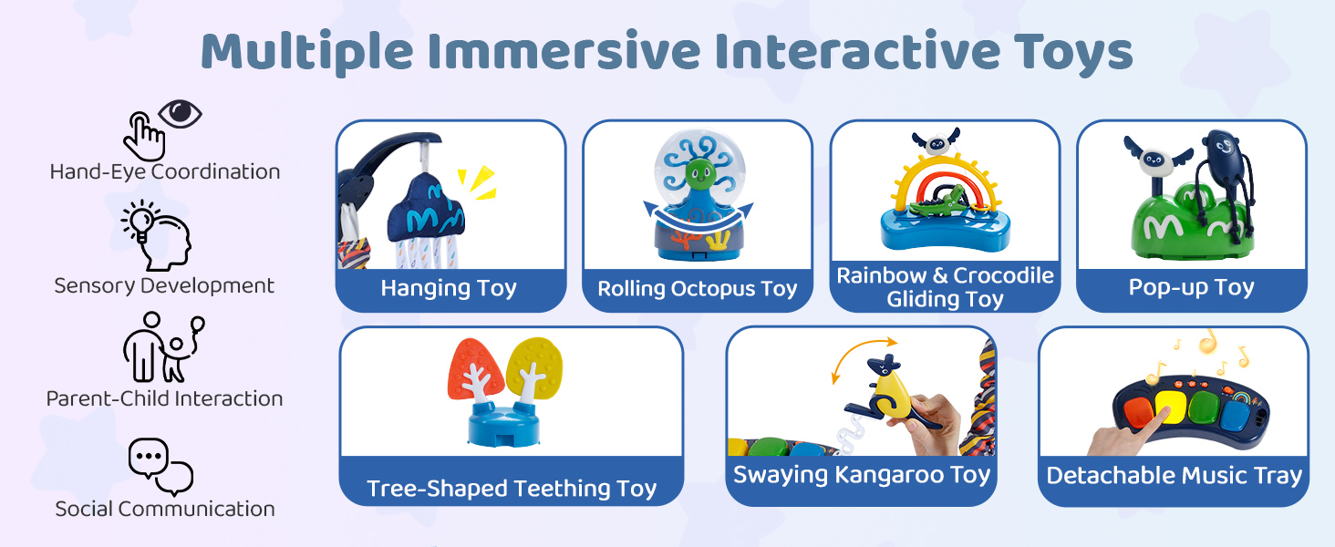 Text reads 'Baby Bouncer Activity Center' and 'Accompany little ones through their childhood journey'. Product displayed with interactive toys and blue fabric, designed for infant play and development.