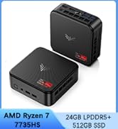 Text reads '773SHS', 'AMD Ryzen 7', '24GB | DDR4', '1TB SSD'. Small form factor computer or mini PC shown from multiple angles, featuring black casing with ventilation.