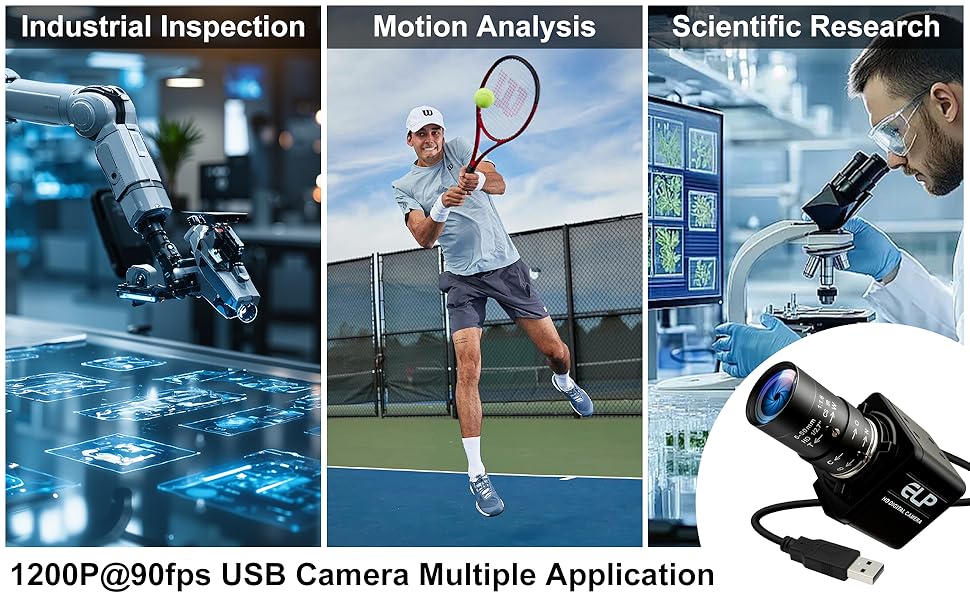Text reads '1200P@90fps USB Camera Multiple Application'. Three application scenarios shown: Industrial Inspection with microscopic machinery view, Motion Analysis with tennis player mid-serve, Scientific Research with microscope usage. USB camera device displayed on right.