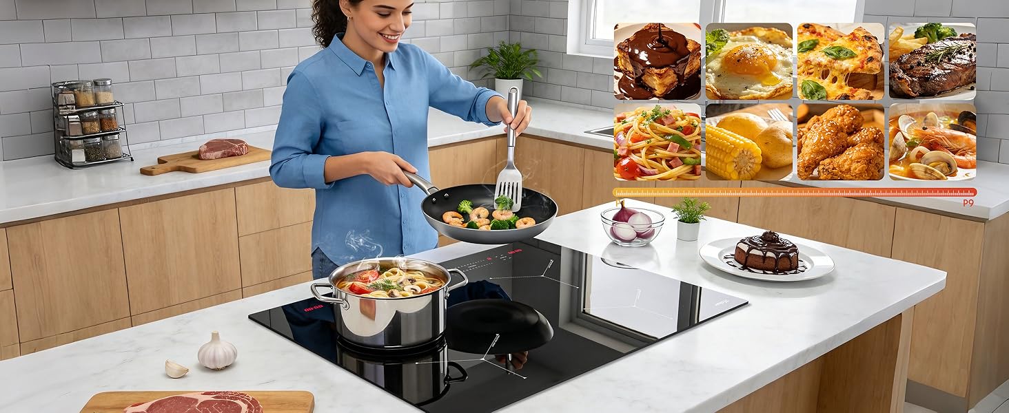 Food preparation scene showing multiple plates of prepared meals and cooking process. Various dishes displayed on white plates.