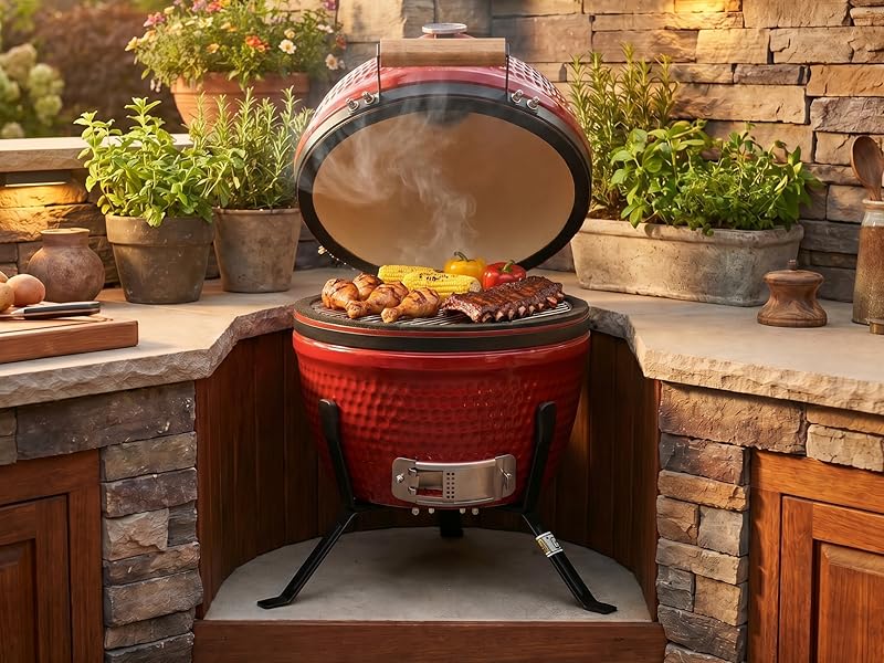 Red kamado-style outdoor grill with dome lid and ventilation holes, mounted on black metal stand in brick outdoor kitchen setting with potted plants and wooden cabinets.