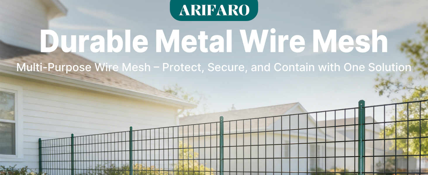 Text reads 'Durable Metal Wire Mesh' and 'Multi-Purpose Wire Mesh - Protect, Secure, and Contain with One Solution'. Shows industrial metal fencing installation in outdoor setting with green landscaping.