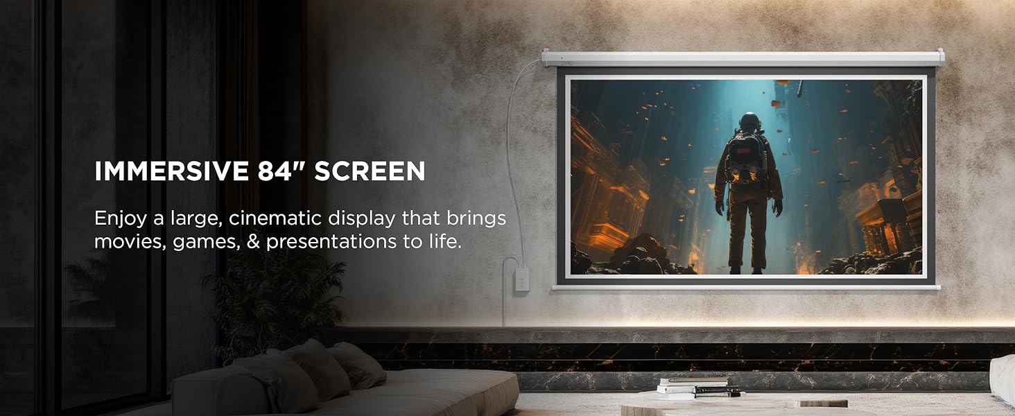 Modern living room with large wall-mounted flat-screen television displaying landscape scenery. Orange and red accent seating, wooden wall paneling, contemporary interior design.