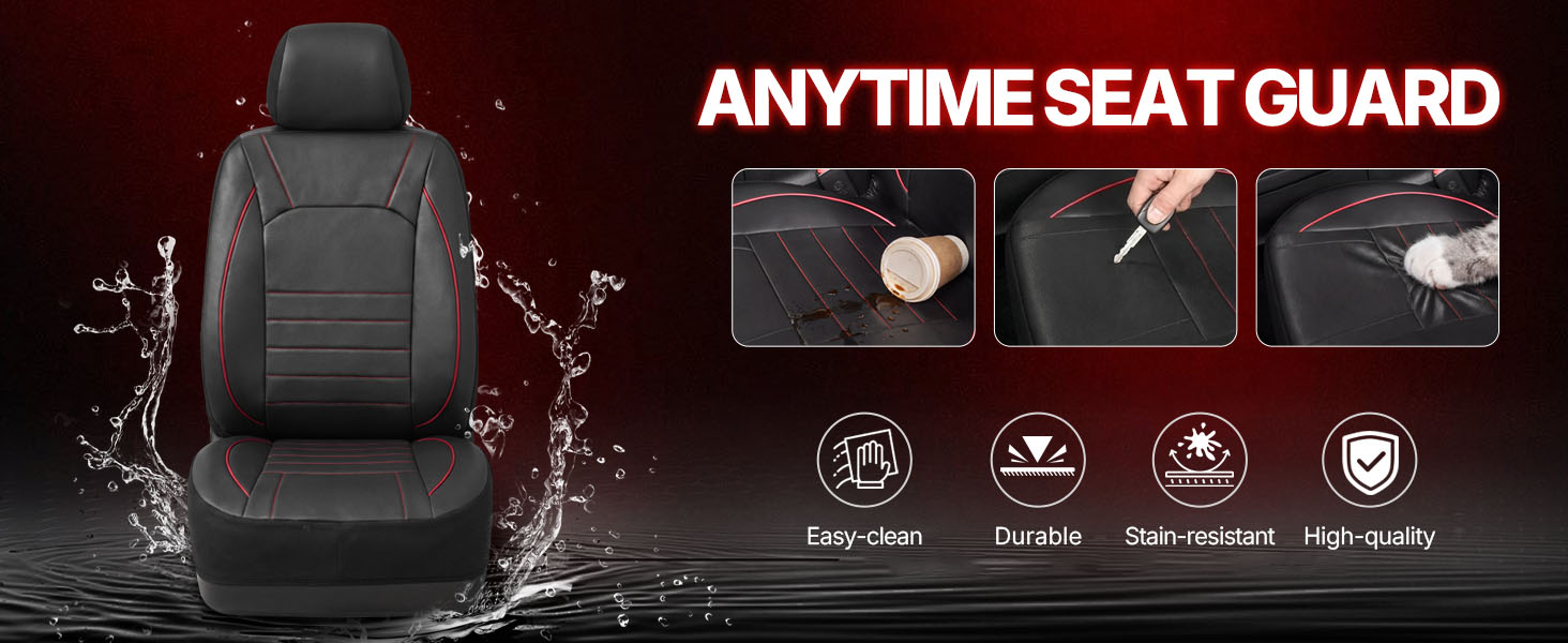 Text reads 'GENTLE ON SKIN' and 'WATER-RESISTANT'. Split-panel image showing a hand touching textured black material with red accent stitching on left; right panel displays water droplets on dark surface demonstrating water-resistant properties.