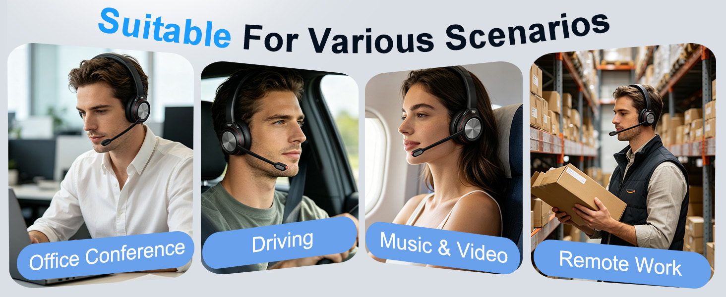 Text reads 'One Button Mute', 'Intelligent noise reduction mutes the mic', 'Protect your privacy'. Black wireless headset with boom microphone, mute button indicator, and blue certification badge against white background.