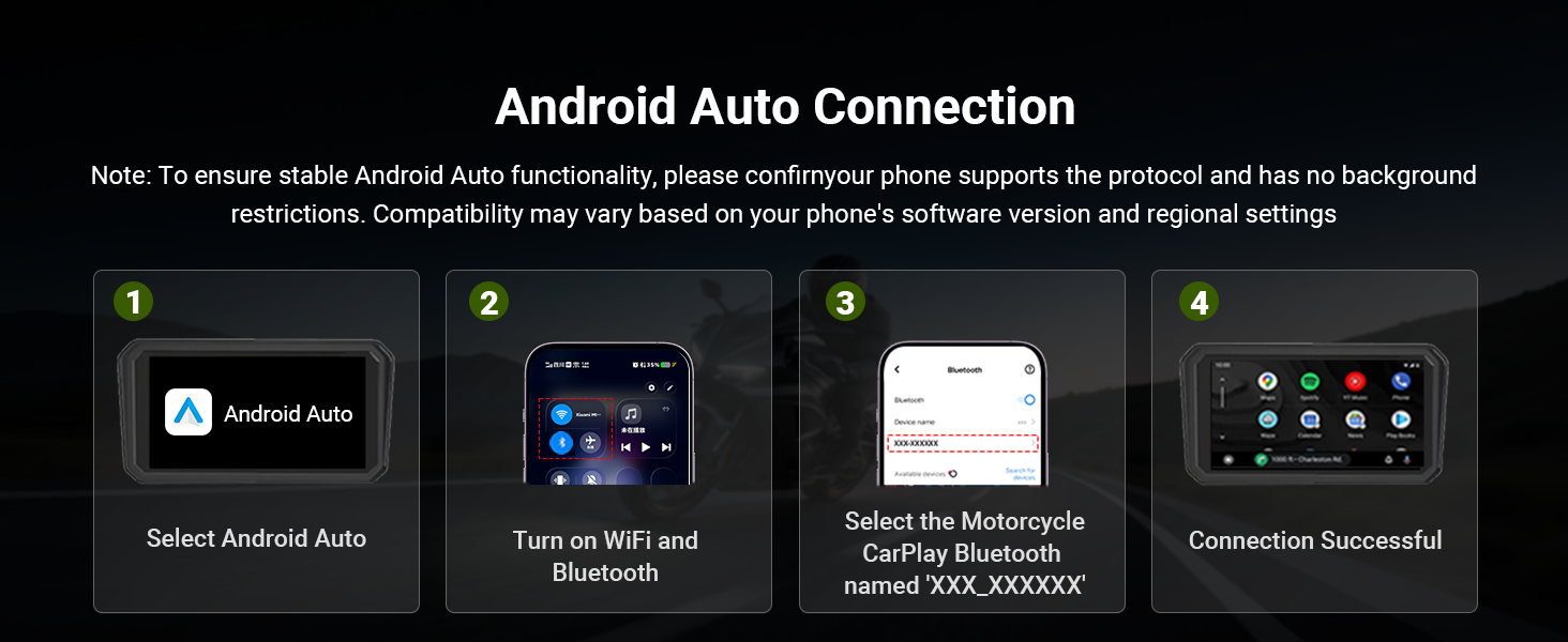 Text reads 'Android Auto Connection'. Interface showing four smartphone connectivity options with icons and descriptions for various Android Auto setup methods on dark background.