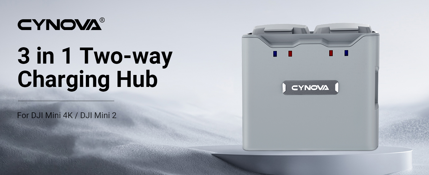 Text reads 'CYNOVA 3 in 1 Two-way Charging Hub'. Gray rectangular charging device with dual USB ports and branding, photographed against snowy background.