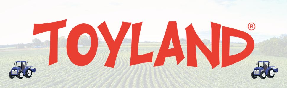 Text reads "TOYLAND" with registered trademark symbol and decorative tractor icons on left and right sides on white background.