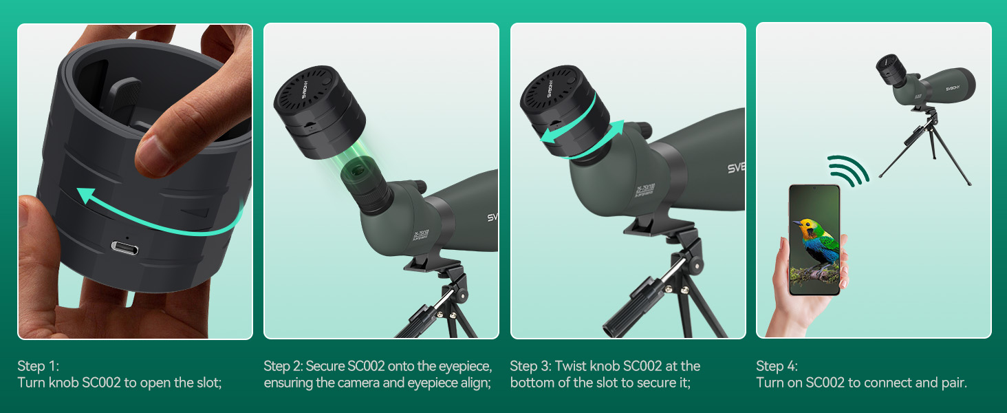 Four product demonstration panels showing black camera telescope/spotting scope mounted on tripod: attachment to phone, handheld operation, tripod setup, and smartphone viewing application display.