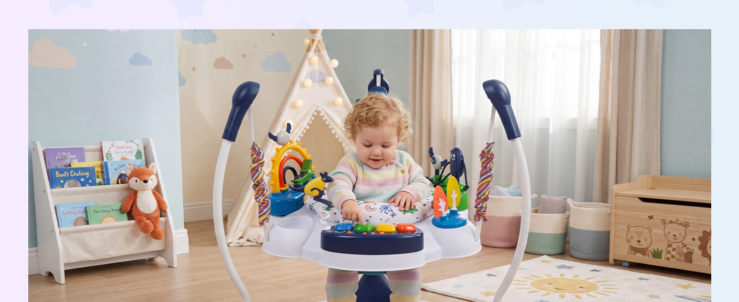 Child's bedroom interior with wooden shelving unit containing toys and books, white teepee tent with patterned fabric, colorful toy figures displayed on surface, wooden flooring, natural lighting from windows with curtains.