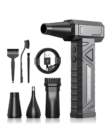Black cordless hair dryer with digital display, shown with accessories: brush attachments, comb, cleaning brush, and nozzle attachments arranged below.