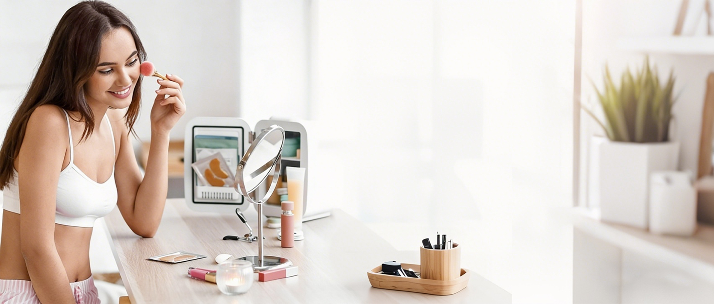 Kitchen counter scenes with various cosmetic and personal care items arranged on white surfaces, including bottles, jars, and beauty products.
