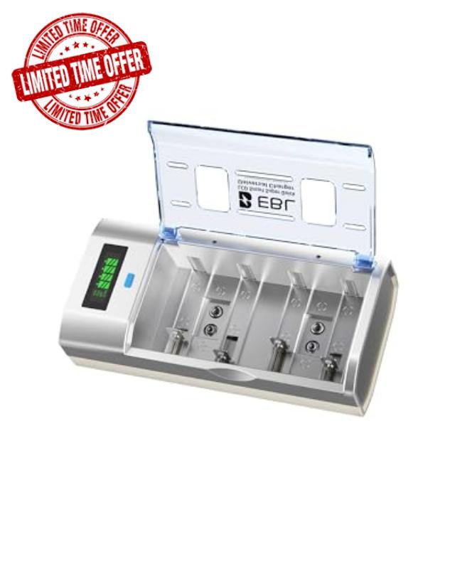 EBL Universal Battery Charger for AA AAA C D 9V NiMH Rechargeable Batteries - Multi-Bay Rapid Charger with Discharge Function