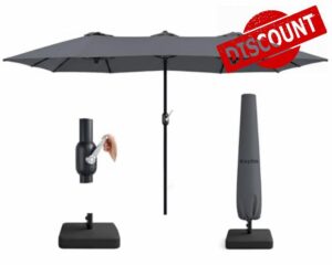 KEPLIN Double Garden Parasol with Base and Cover 4.5x2.7m – Extra Large Outdoor Patio Umbrella