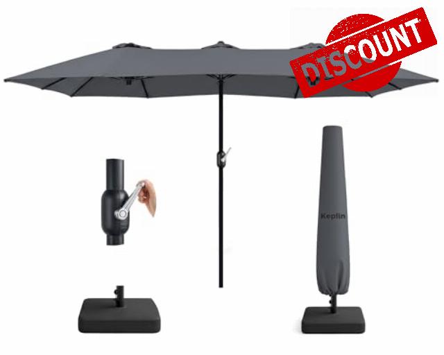 KEPLIN Double Garden Parasol with Base and Cover 4.5x2.7m – Extra Large Outdoor Patio Umbrella