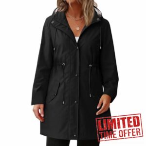 Womens Rain Jacket Casua Waterproof Long Sleeve Lined Trench Coats with Hood Travel Lightweightl Windbreaker Jackets