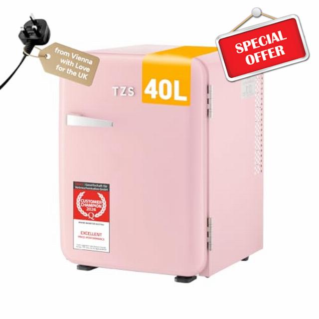 TZS First Austria - Retro Mini Fridge 40L - Silent Operation - Vintage Minibar for Bedrooms & Offices - Pink           [Energy Class E]