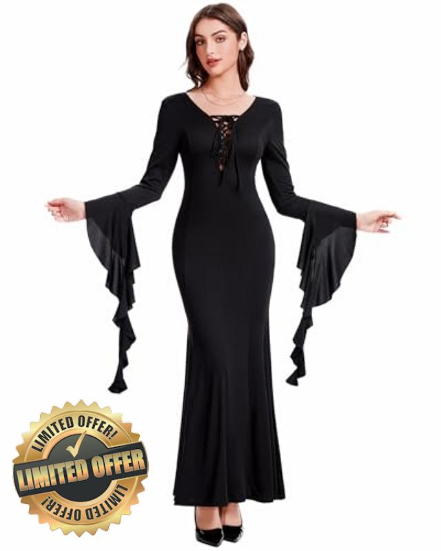 LUYANA Womens Gothic Maxi Dress Long Sleeve Black Witch Costume Lace up Vampire Halloween Cosplay Dress