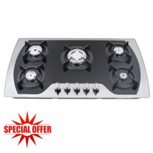 5 Burner Gas On Glass Hob In Black with Al-alloy Pan Stands