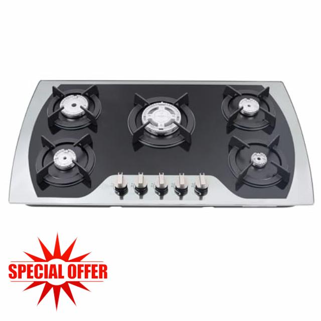 5 Burner Gas On Glass Hob In Black with Al-alloy Pan Stands
