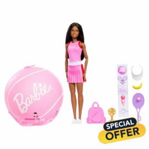 Barbie Team Roll and Reveal Tennis Player Doll and Accessories with Brunette Fashion Doll & 8 Surprises and a Tennis Ball Encasement