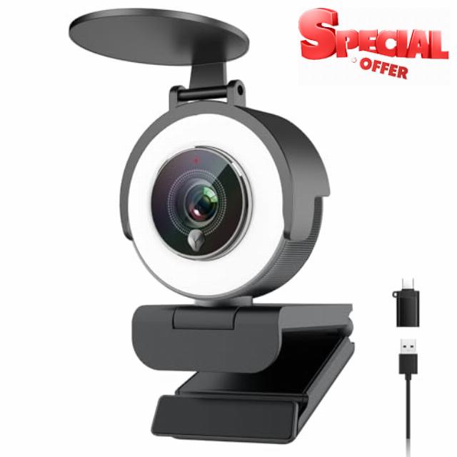 Angetube 4K Webcam with Ring Light for PC - USB Webcam for Laptop