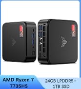 Text reads 'AMD Ryzen 7 7730H' '24GB LPDDR5' '512GB SSD'. Two black mini PC units shown with red indicator lights.