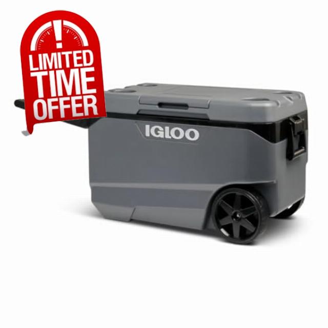Igloo MaxCold Latitude Roller Cooler 85L (90 Quart) Large Wheeled Ice Chest with All-Terrain Wheels Cool Riser Technology Holds Up to 137 Cans Heavy Duty Cooler for Camping