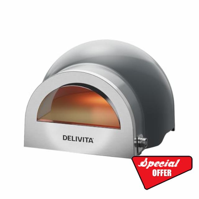 Delivita Flow Dual Fuel Pizza Oven – Gas and Wood Fired Outdoor Pizza Oven –Tabletop Design – Cooks 14” Pizza in 90 Seconds – 45kg – Hale Grey