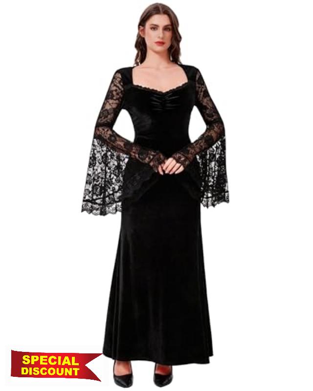 LUYANA Womens Gothic Maxi Dress Velvet Black Witch Costume Lace Long Sleeve Vampire Halloween Cosplay