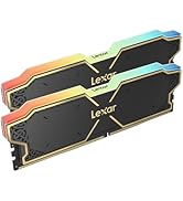 Text reads 'Lexar'. Two black RAM modules with RGB lighting strips showing red and blue illumination effects on angular heat spreaders