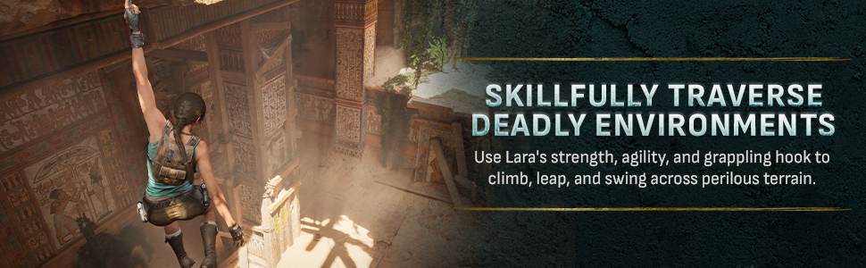 Text reads 'DISCOVER EXTRAORDINARY AND DANGEROUS WORLDS' and 'Explore treacherous landscapes filled with ancient artifacts and hidden secrets. From the jungles of Peru to a mysterious island shrouded in myth.' Dark promotional banner featuring adventure scene with figures and ancient structures.