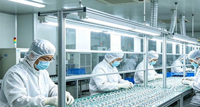 Laboratory or medical facility interior showing healthcare workers in protective gear and white coats working at stations with blue accents and professional equipment.