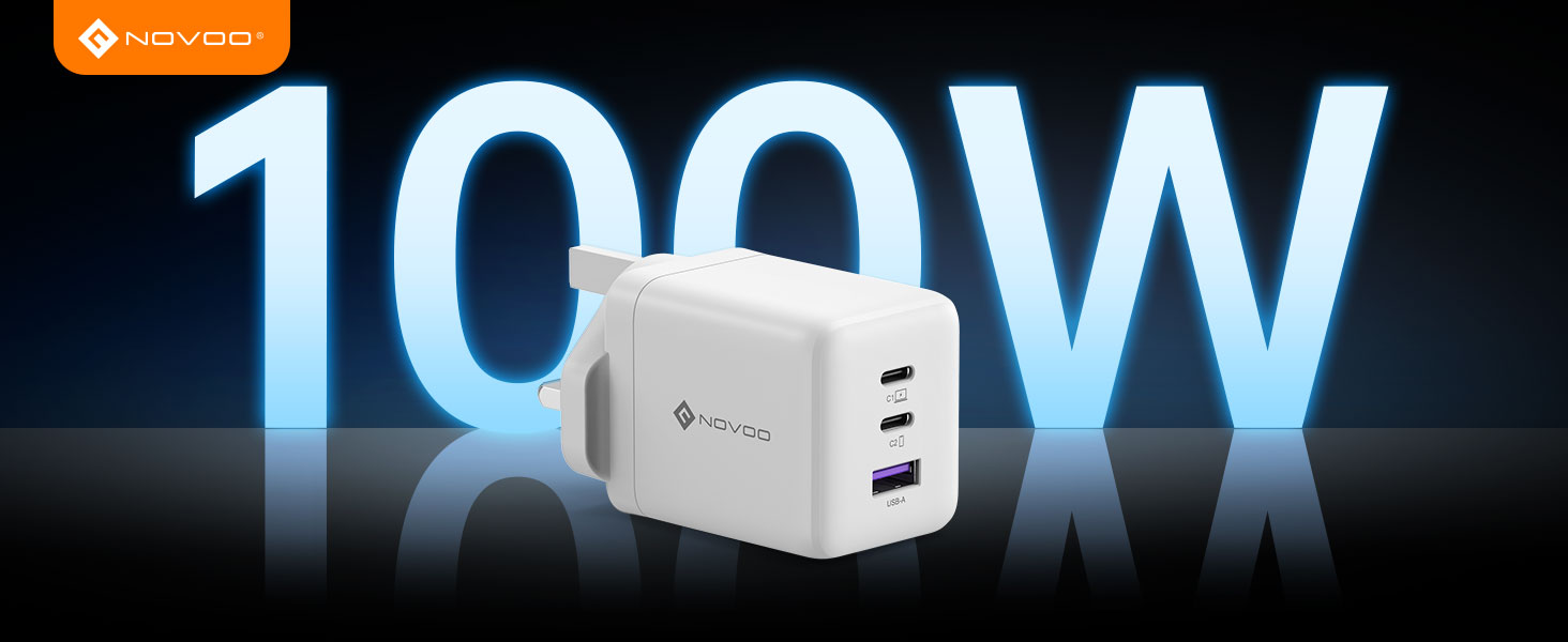 Text reads '100W'. White compact power adapter charger with multiple USB ports displayed against dark background with orange branding element.