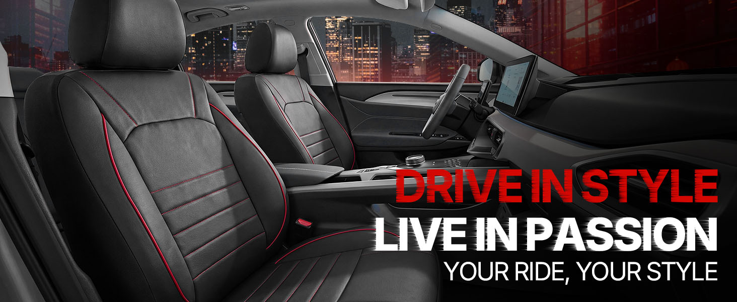 Text reads 'DRIVE IN STYLE LIVE IN PASSION YOUR RIDE, YOUR STYLE'. Car interior featuring black leather seats with red stitching and piping details throughout the dashboard and seating areas.