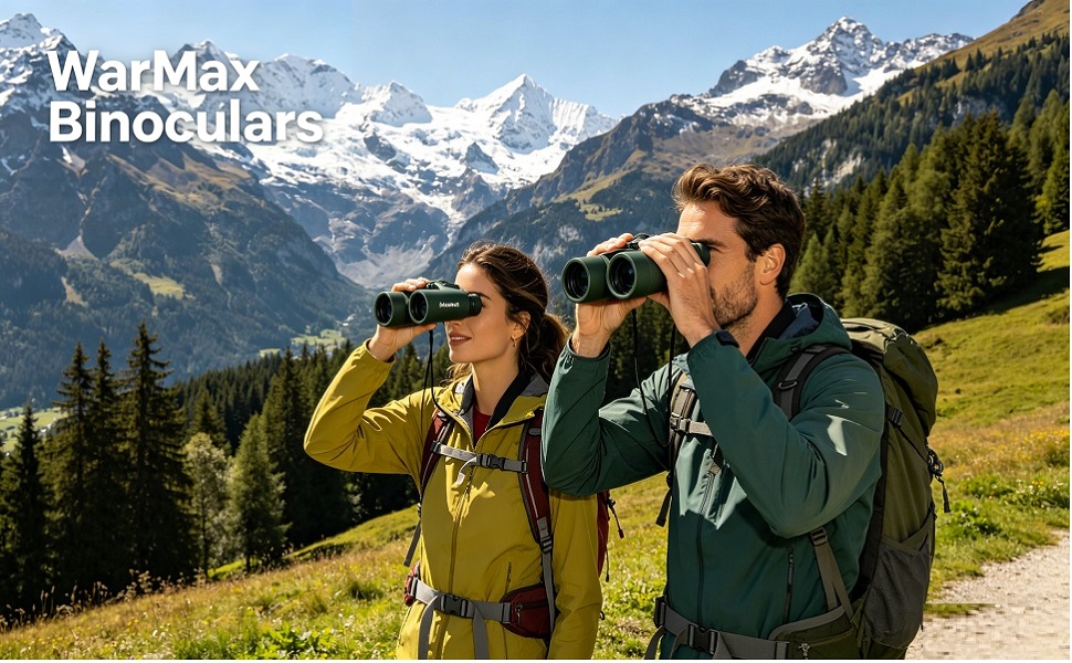 Text reads "WarMax Binoculars." Two people in outdoor mountain landscape using binoculars, wearing yellow and green jackets with snow-capped peaks visible behind them.