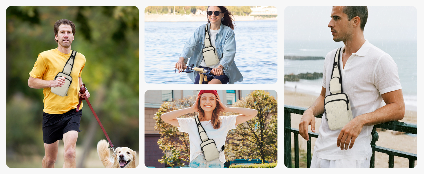 Lifestyle photo grid with four scenarios: Woman in yellow in the park, couple outside, woman inside, man in white on a chair.
