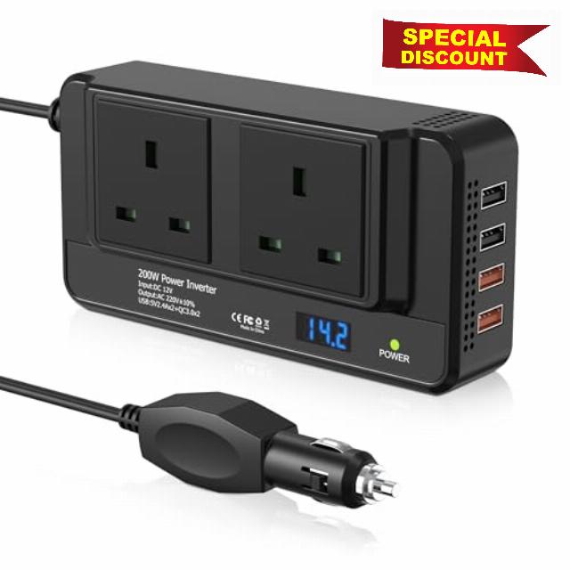 200W Car Voltage Converter Inverter with 2 Sockets and 4 USB Ports Fast Charging Car Charger DC 12V to AC 230V with Cigarette Lighter Plug for Business Trips and Vacatio
