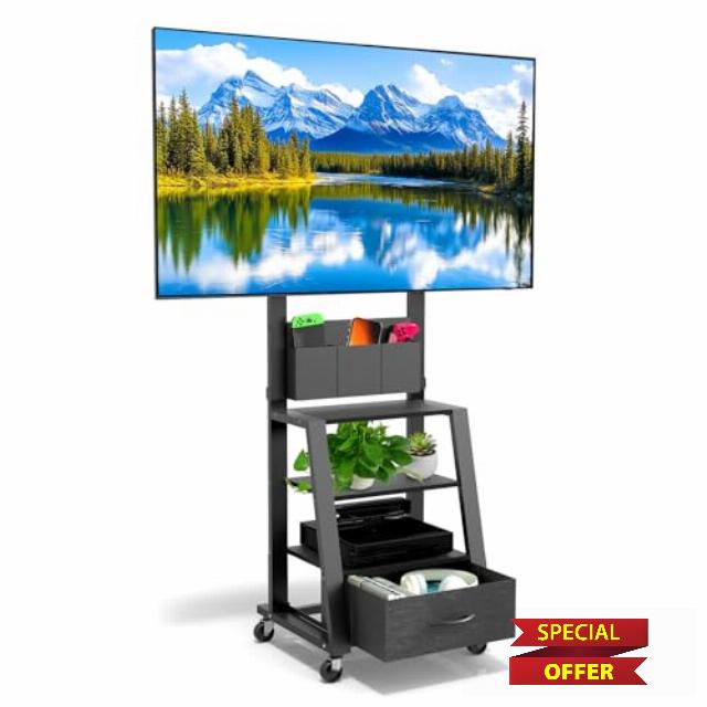 Rolling TV Stand with Drawer & 3-Tier Storage for 23-60 Inch Flat/Curved Screen up to 160lbs LCD/LED/OLED Adjustable Height Mobile TV Cart with Wheels for Home Office Outdoor Max VESA 400x400mm Black