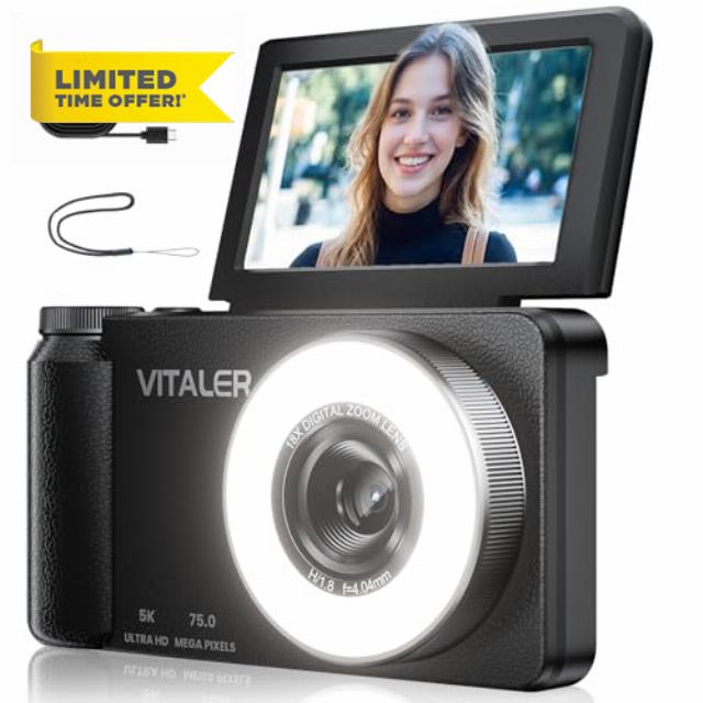 Digital Camera 5K 75MP with 180° Flip Screen