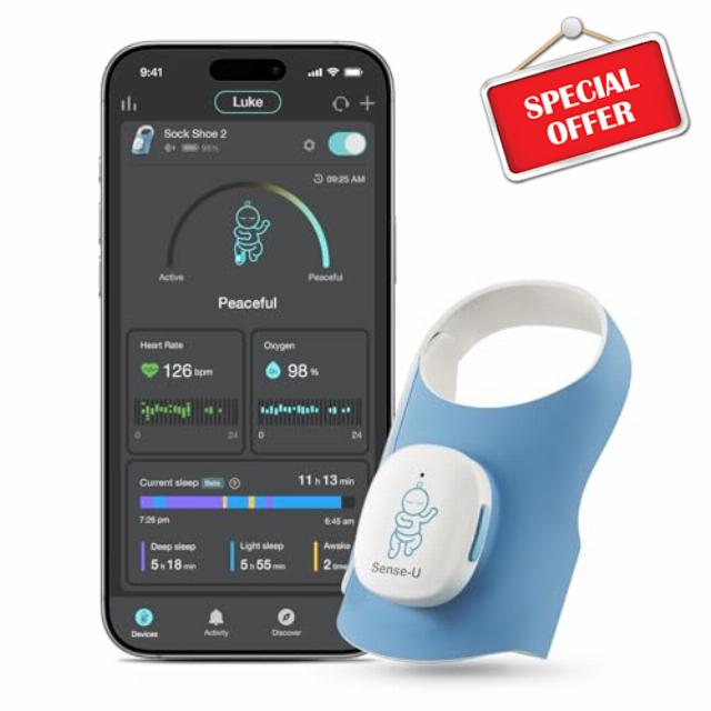 Sense-U Smart Sock Shoe 2 Baby Monitor – Tracks Heart Rate and Sleep Patterns with Transmissive PPG Foot Sensor