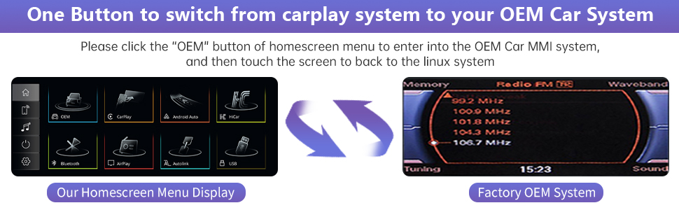 Text reads '8.9 inch Car Touchscreen for Audi A4 2009-2015 Year with 2GMMI'. Before/after installation comparison of car dashboard showing upgrade to digital touchscreen display.